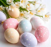 Colorful pastel eggs with polka dots are displayed on a white surface photo