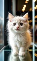 A fluffy white kitten with bright, inquisitive eyes stands on a reflective glass surface, likely a window sill photo