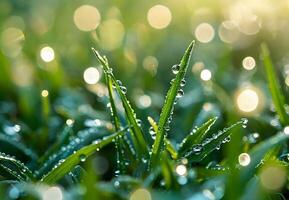 green grass at dawn in the rays of the sun with dew drops photo