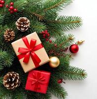 branches adorned with red berries and pine cones create a festive backdrop. photo