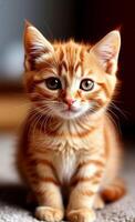 Cute ginger kitten sitting on the floor and looking at the camera photo