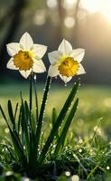 daffodils at dawn in the rays of the sun with drops photo