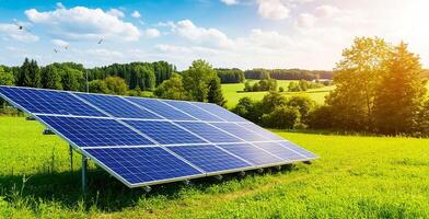 Solar panels stand in a vibrant green field illuminated by sunlight under a blue sky with scattered clouds photo