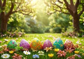Easter colored eggs in the grass photo