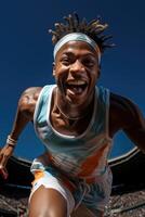 Man with dreadlocks running in stadium photo