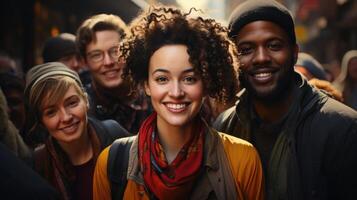 A diverse group of people, men, and women, smiling together in an urban setting photo