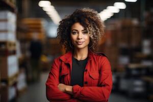 Professional female storekeeper in uniform managing inventory in a vast warehouse. Organized logistics and efficient storage. photo