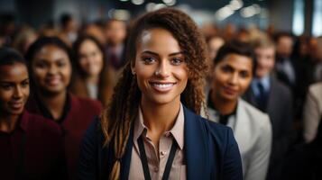 Young participants at a dynamic business conference, engaged in professional networking and learning. photo