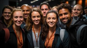 A group of young, joyful participants at a business conference, engaged in networking and learning. photo