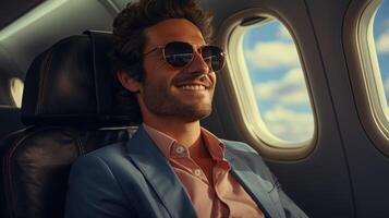 A contented young businessman by the airplane window, finding joy in his journey, success, and the view. photo