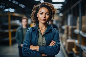 Professional female storekeeper in uniform managing inventory in a vast warehouse. photo