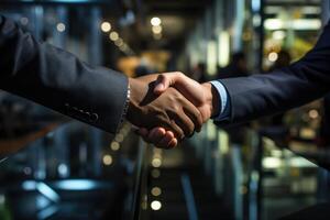 Close up of business people shaking hands in the office. Business concept. photo