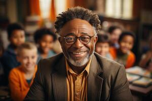 Smiling man with glasses surrounded by children photo