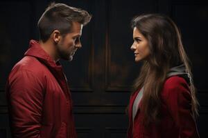 Young man and woman exchange strained looks while discussing young family issues. photo
