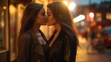 Two young women kissing on the street in the evening, close-up photo