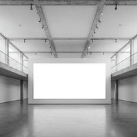 A large white frame in a large empty gallery room photo