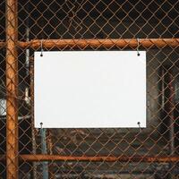 A mock white frame on an old rusty chain link fence and gate photo