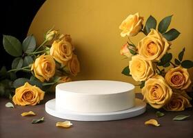A dark yellow backdrop features elegant roses and a smooth white platform photo