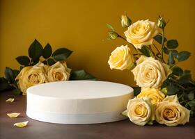A dark yellow backdrop features elegant roses and a smooth white platform, perfect for showcasing products photo