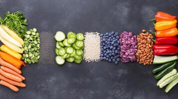Vegetables and fruits arranged in a rainbow pattern photo