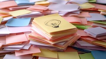 A pile of sticky notes with a light bulb on top photo