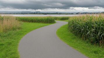 A paved path next to a field photo