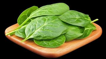 Spinach leaf on a wooden plate isolated on black background photo