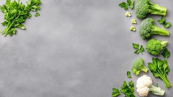 Fresh broccoli, cauliflower, and other vegetables arranged on a gray background photo