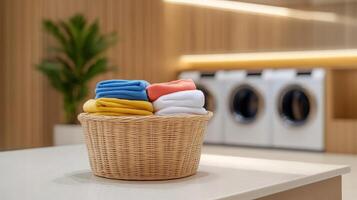 A basket full of laundry in a laundry room photo