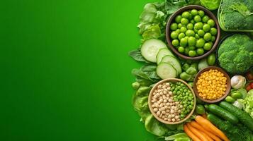 Fresh vegetables and beans on green background photo
