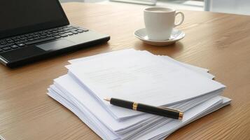 A stack of papers and a pen on a wooden desk with a laptop and coffee photo