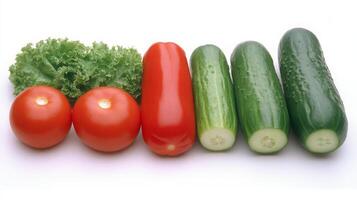 A group of vegetables including tomatoes, cucumbers and lettuce photo