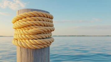 A rope on a wooden post near the water photo