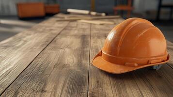 A hard hat sitting on a wooden table photo