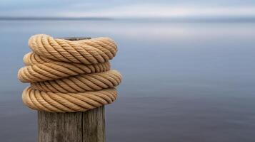 A rope is tied to a post by the water photo