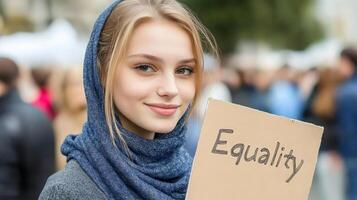 A woman holding a sign that says equality photo