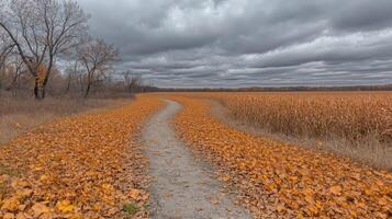 A path through an autumn field with leaves photo