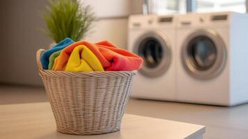 A basket of colorful towels in front of a washing machine photo
