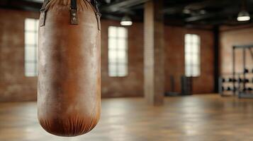 A boxing bag hanging in an empty gym photo