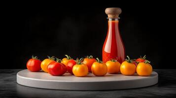 A bottle of tomato sauce and some tomatoes on a table photo