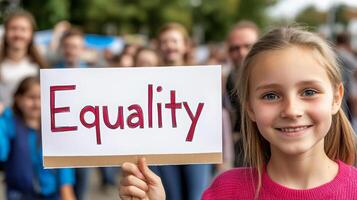 A girl holding up a sign that says equality photo