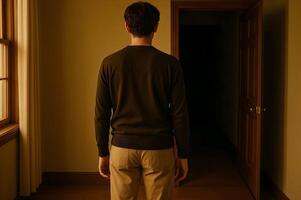 Man facing open doorway in dimly lit hallway photo