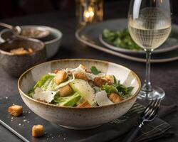 Caesar Salad with Croutons and Parmesan in Fine Dining Setting photo