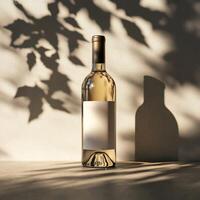 White wine bottle standing on table with blank label, plant shadow photo