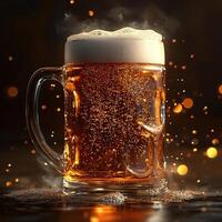 Refreshing beer with foam and bubbles overflowing in glass mug on dark background photo