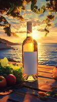 White wine bottle with blank label at sunset on beach photo