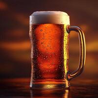 Refreshing mug of cold beer with condensation on wooden table at sunset photo