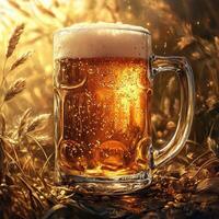 Refreshing beer in a glass mug amidst golden wheat field at sunset photo