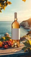 Bottle of white wine resting on wooden table with scenic coastal view at sunset photo