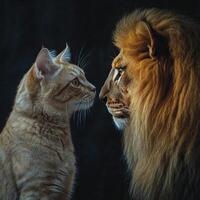 Ginger cat challenging a majestic lion in a confrontation of courage photo